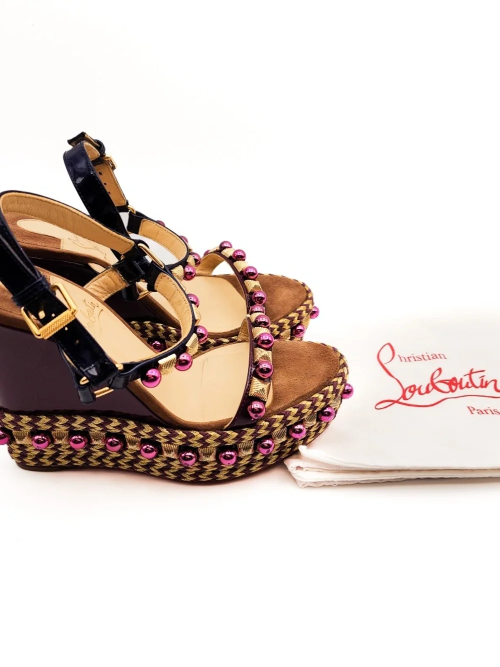 Christian Louboutin Burgundy Brown Studded Wedge Platform Sandals EU 37
